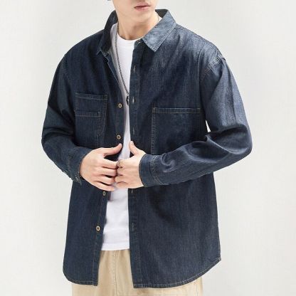 素色寬鬆休閒工裝潮牌痞帥襯衫牛仔外套