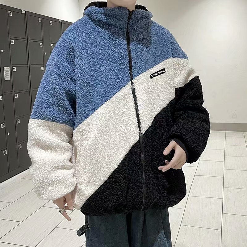 韓版寬鬆簡約立領夾克潮流拼色羊羔絨情侶外套