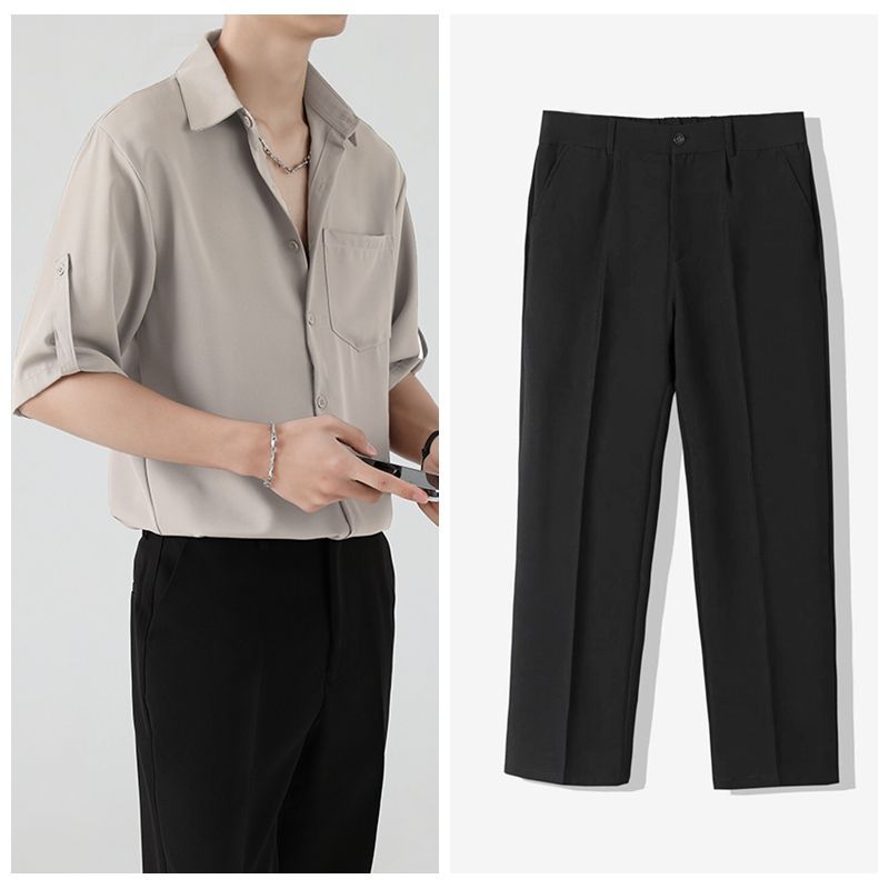 【單件/套裝】冰絲設計感七分短袖襯衫+休閒西褲兩件套裝