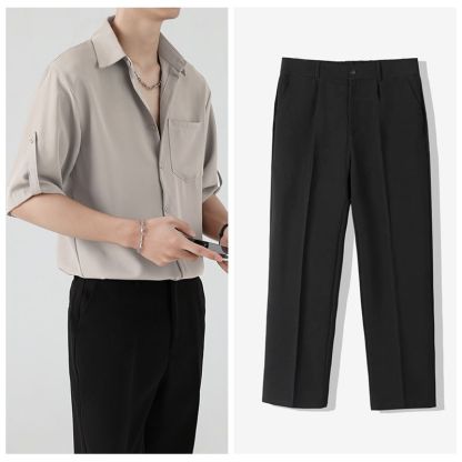 【單件/套裝】冰絲設計感七分短袖襯衫+休閒西褲兩件套裝