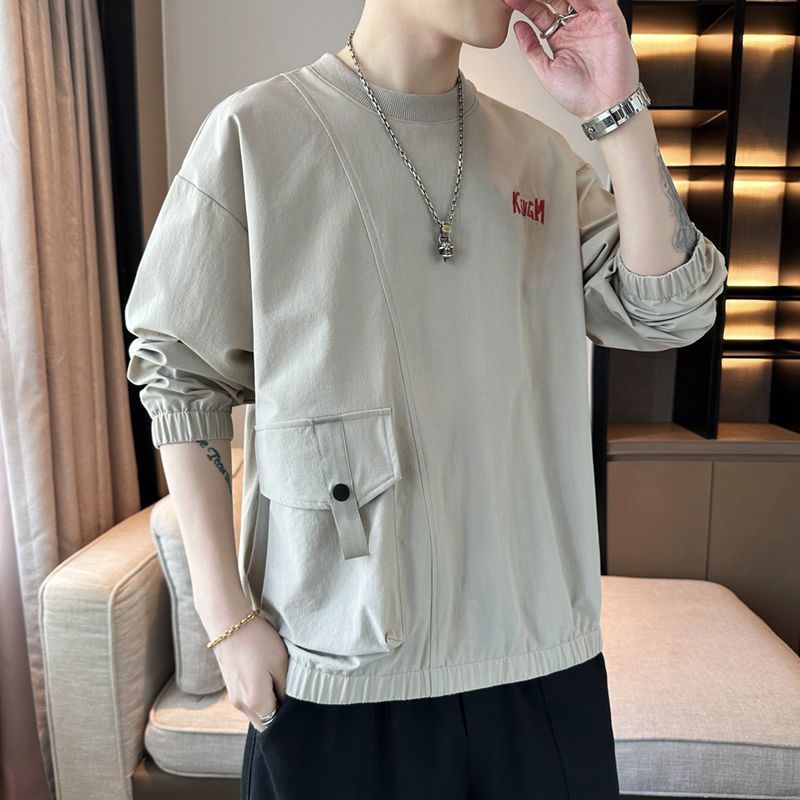 圓領寬鬆帶口袋潮流百搭帥氣長袖T恤