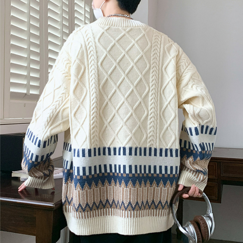 美式寬鬆麻花毛衣外套V領慵懶風情侶針織開衫