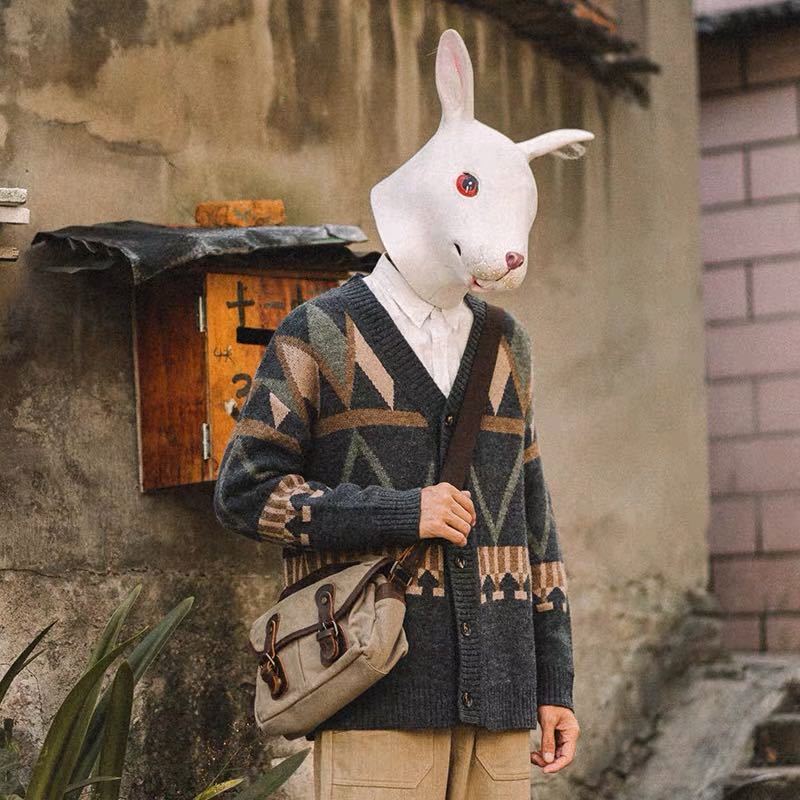 復古日系V領菱形撞色提花線針織開衫