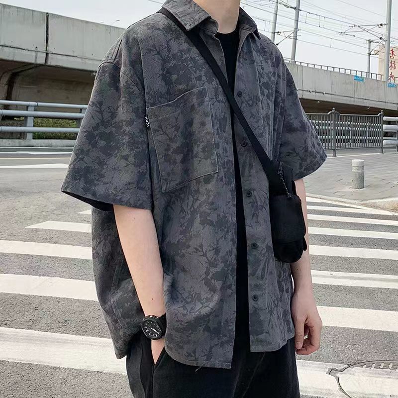 【單件/套裝】港風寬松百搭帥氣短袖襯衫+百搭T恤+休閑五分短褲三件套