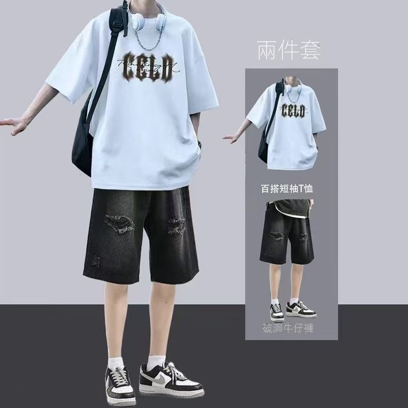 【單件/套裝】酷帥休閒短袖t恤牛仔短褲兩件套