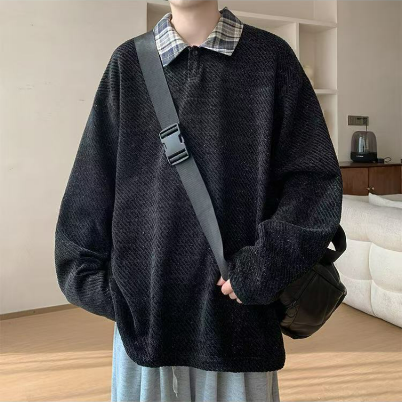 假兩件針織polo打底衫寬鬆大碼長袖t恤