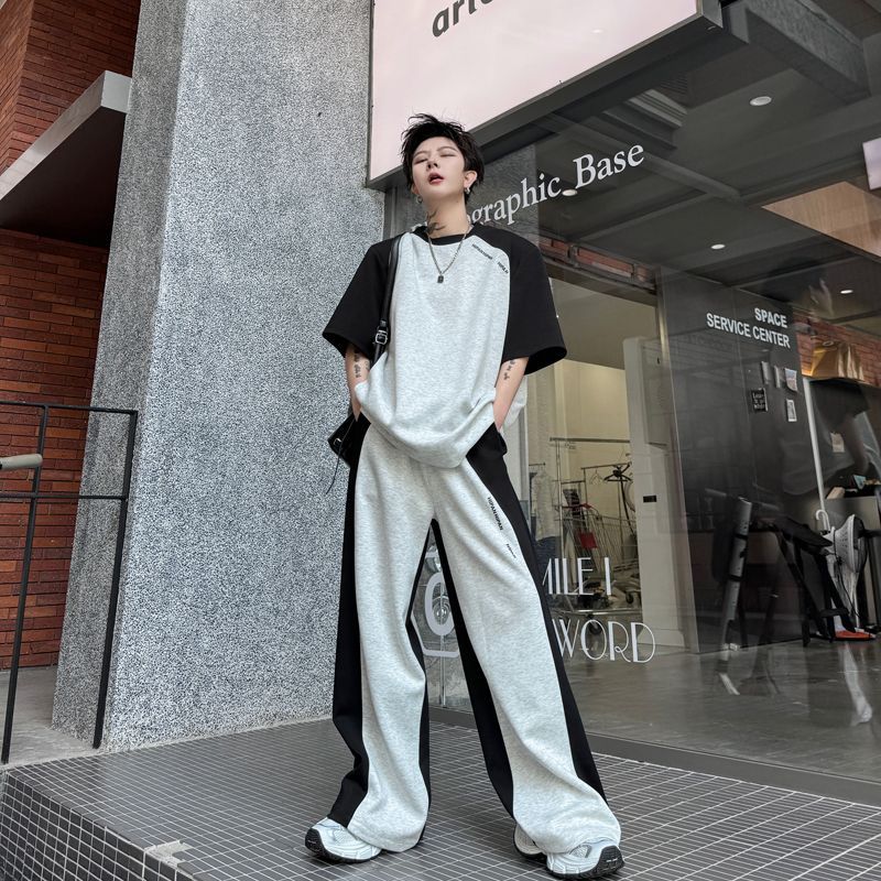 【整套】美式復古拼接撞色痞帥短袖T恤+設計感休閑長褲兩件套