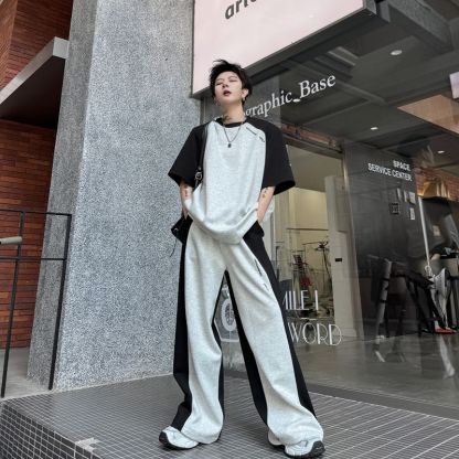 【整套】美式復古拼接撞色痞帥短袖T恤+設計感休閑長褲兩件套