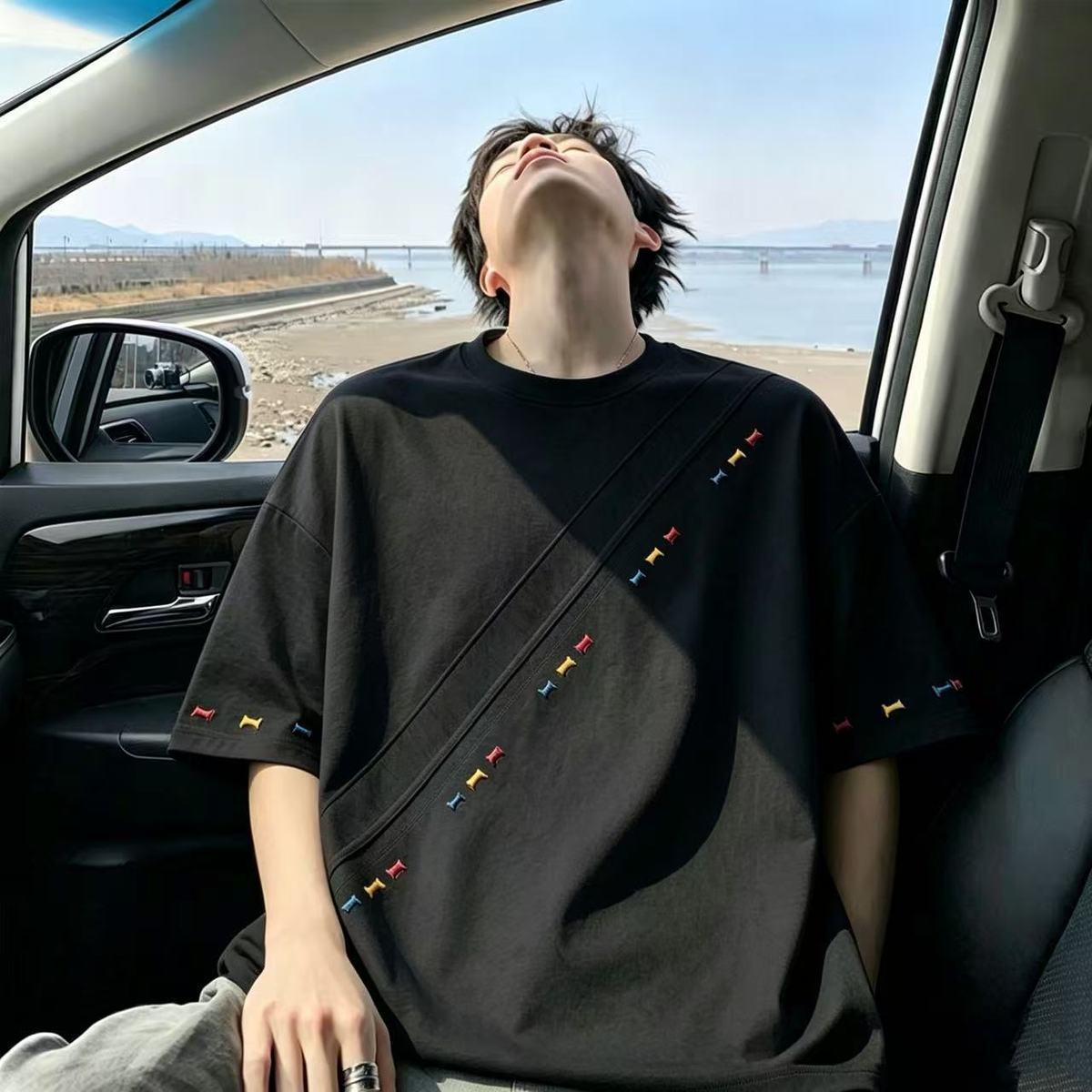 美式潮流高級感刺繡痞帥拼接短袖t恤