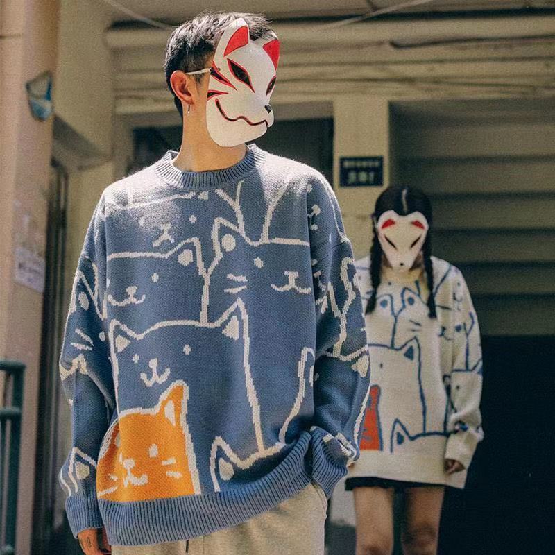 小貓可愛復古慵懶風圓領長袖針織衫