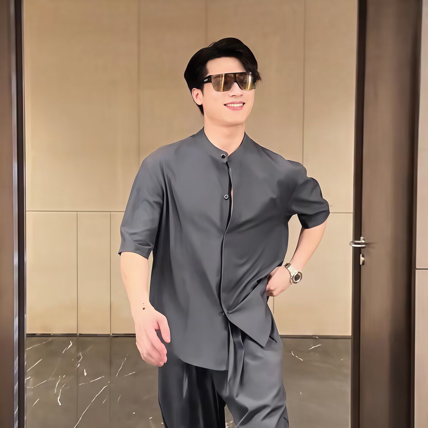 【單件/套裝】韓版潮流素色薄款冰絲襯衫+百搭休閑西裝兩件套