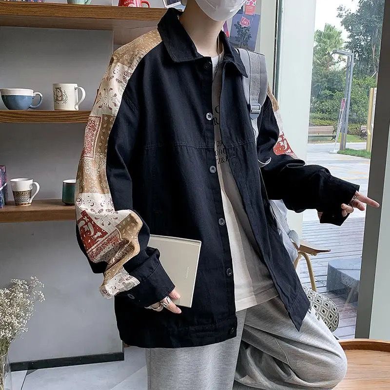休閒工裝拼接花袖寬鬆文藝夾克外套