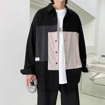設計感百搭潮流寬鬆拼接條紋襯衫