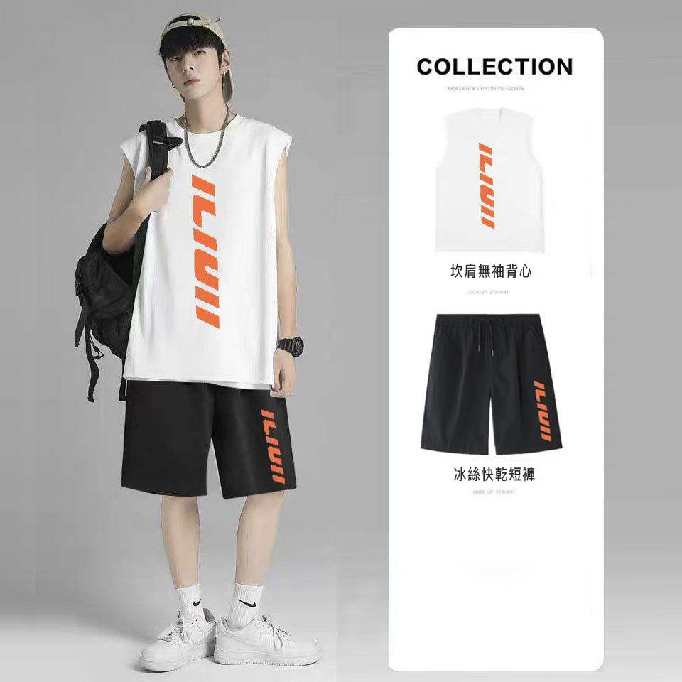 【單件/套裝】印花字母運動無袖百搭背心+帥氣五分短褲褲裝兩件套套裝
