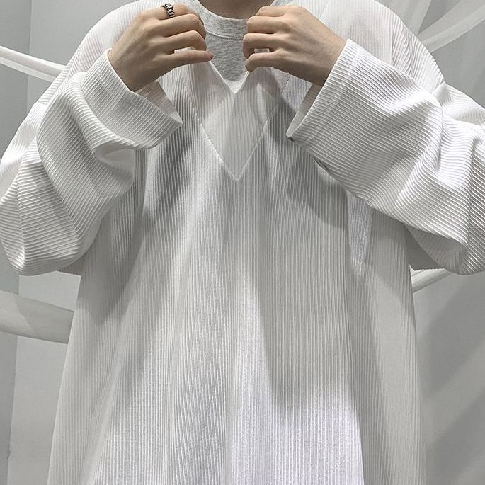 垂墜感潮流休閒假兩件港風日系長袖T恤