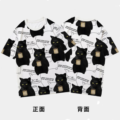 趣味創意不耐煩腹黑貓咪喝咖啡情侶短袖T恤