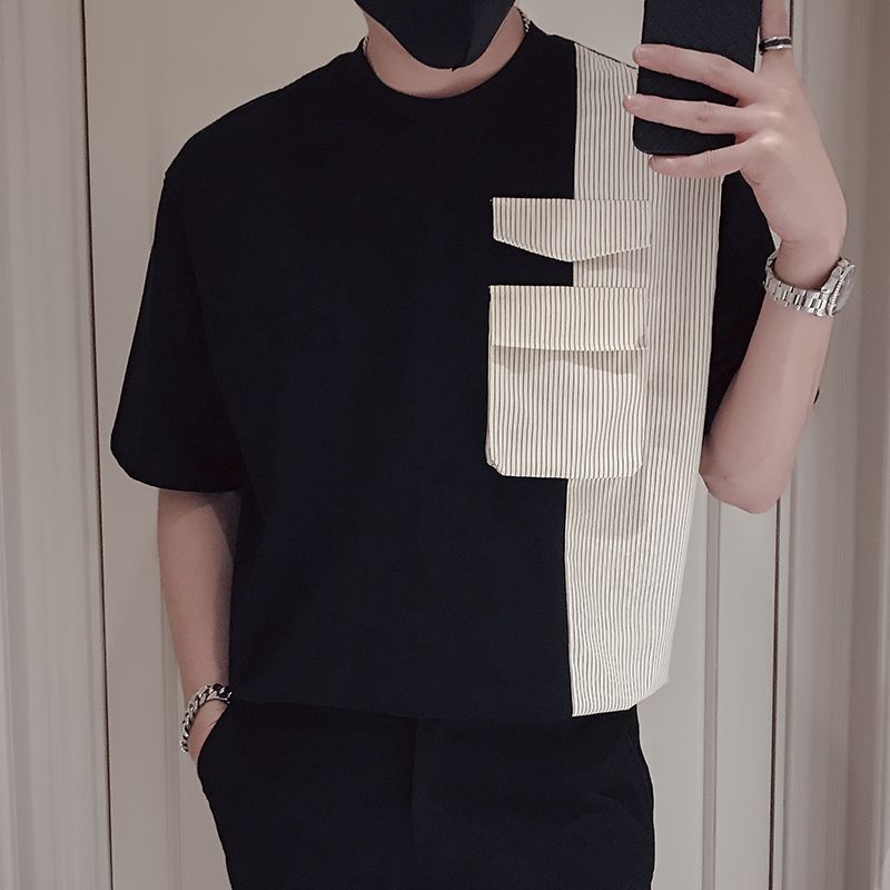 時尚潮流百搭休閒拼接純棉短袖T恤