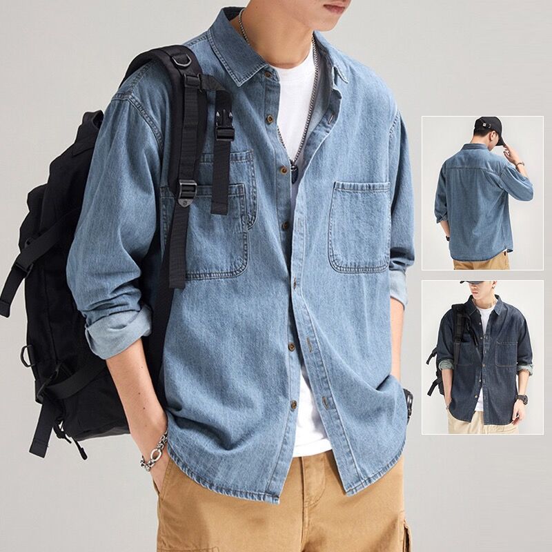 素色寬鬆休閒工裝潮牌痞帥襯衫牛仔外套