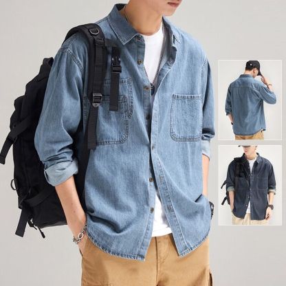 素色寬鬆休閒工裝潮牌痞帥襯衫牛仔外套