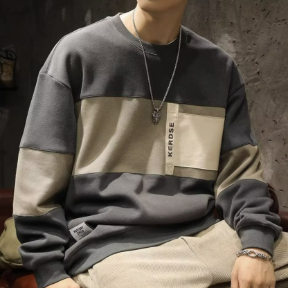 美式重磅青春時尚寬鬆寬鬆圓領拼色長袖T恤