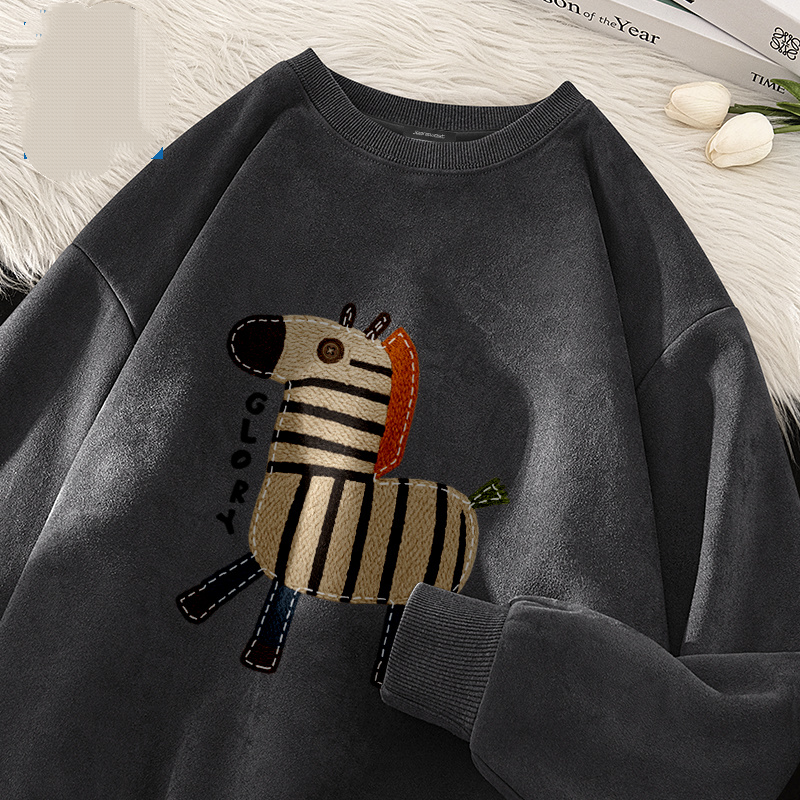 麂皮圓領寬鬆小馬百搭套頭長袖T恤