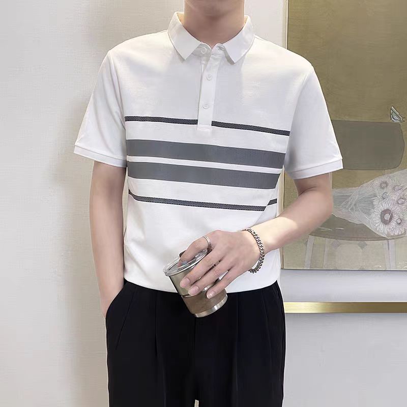 Polo領潮流修身條紋拼接時尚短袖T恤