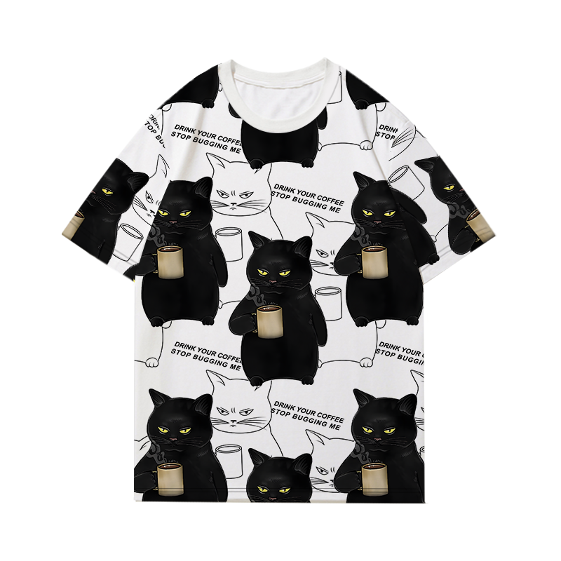 趣味創意不耐煩腹黑貓咪喝咖啡情侶短袖T恤