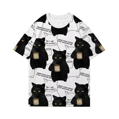 趣味創意不耐煩腹黑貓咪喝咖啡情侶短袖T恤
