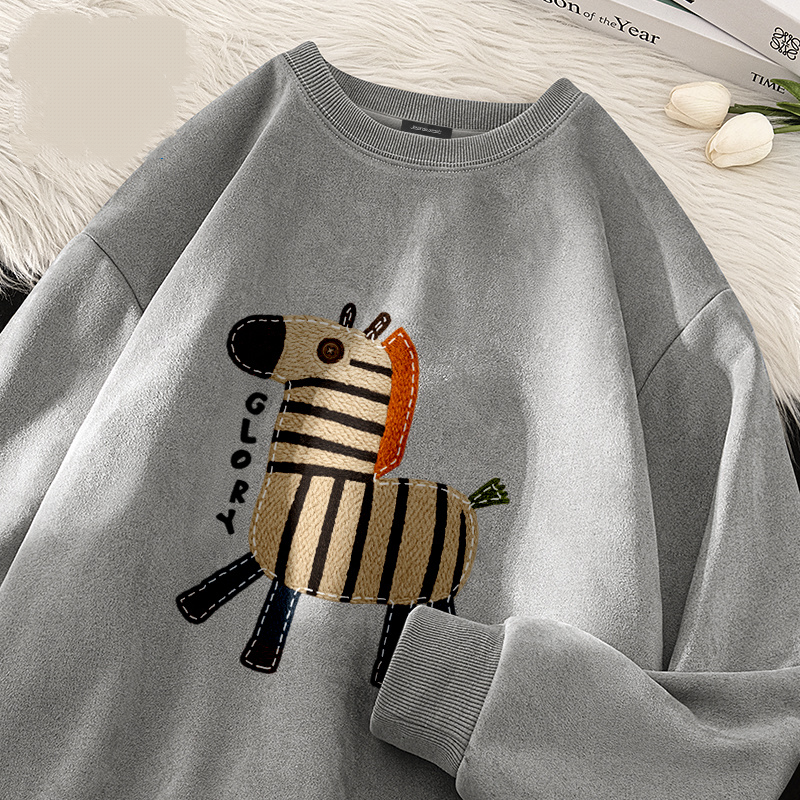 麂皮圓領寬鬆小馬百搭套頭長袖T恤