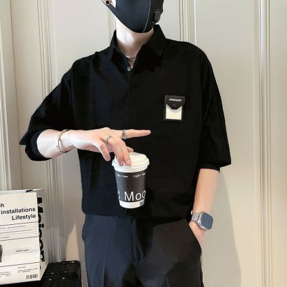 潮流時尚休閒寬鬆痞帥冰絲五分短袖襯衫