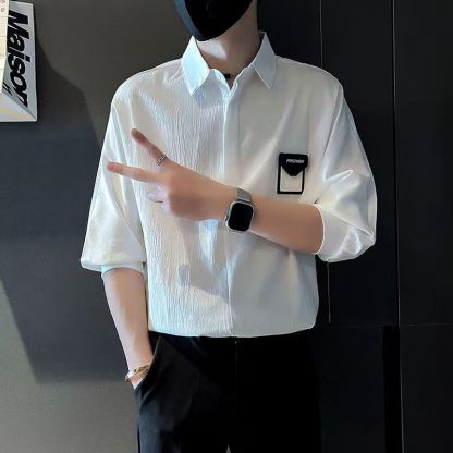 潮流時尚休閒寬鬆痞帥冰絲五分短袖襯衫