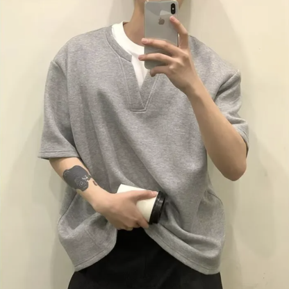 港風設計感假兩件V領寬鬆韓風簡約百搭短袖T恤