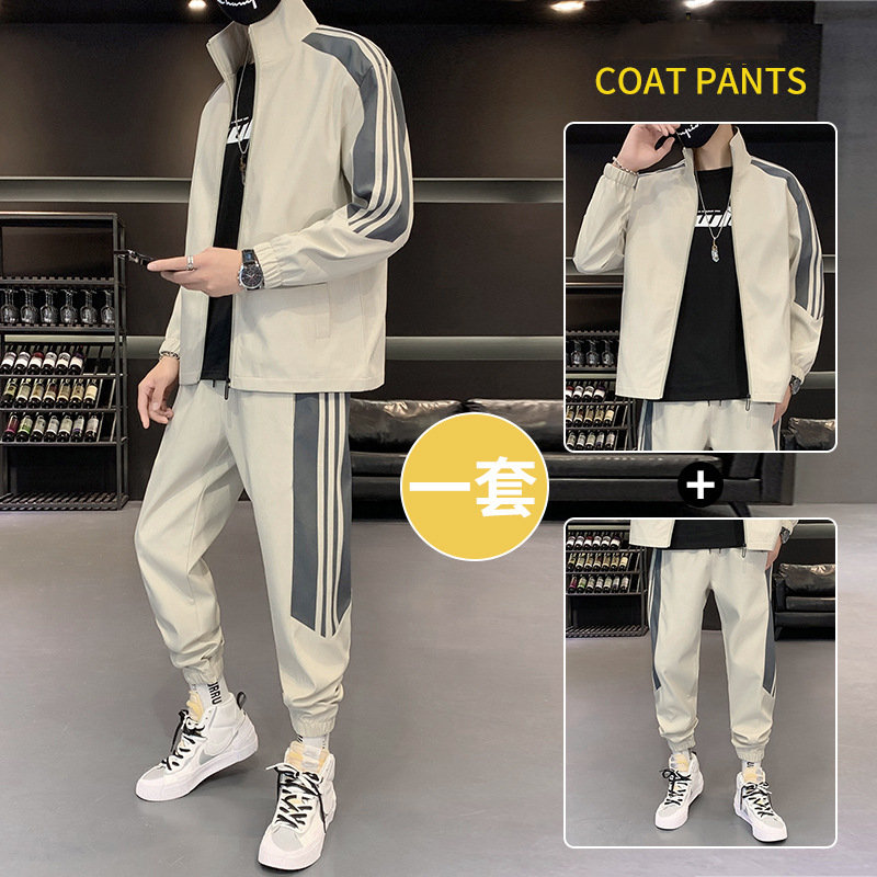 【套裝】運動潮流撞色長袖夾克+休閒束腳工裝褲裝套裝
