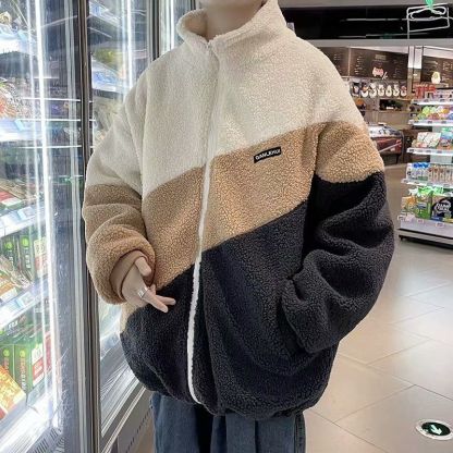 韓版寬鬆簡約立領夾克潮流拼色羊羔絨情侶外套