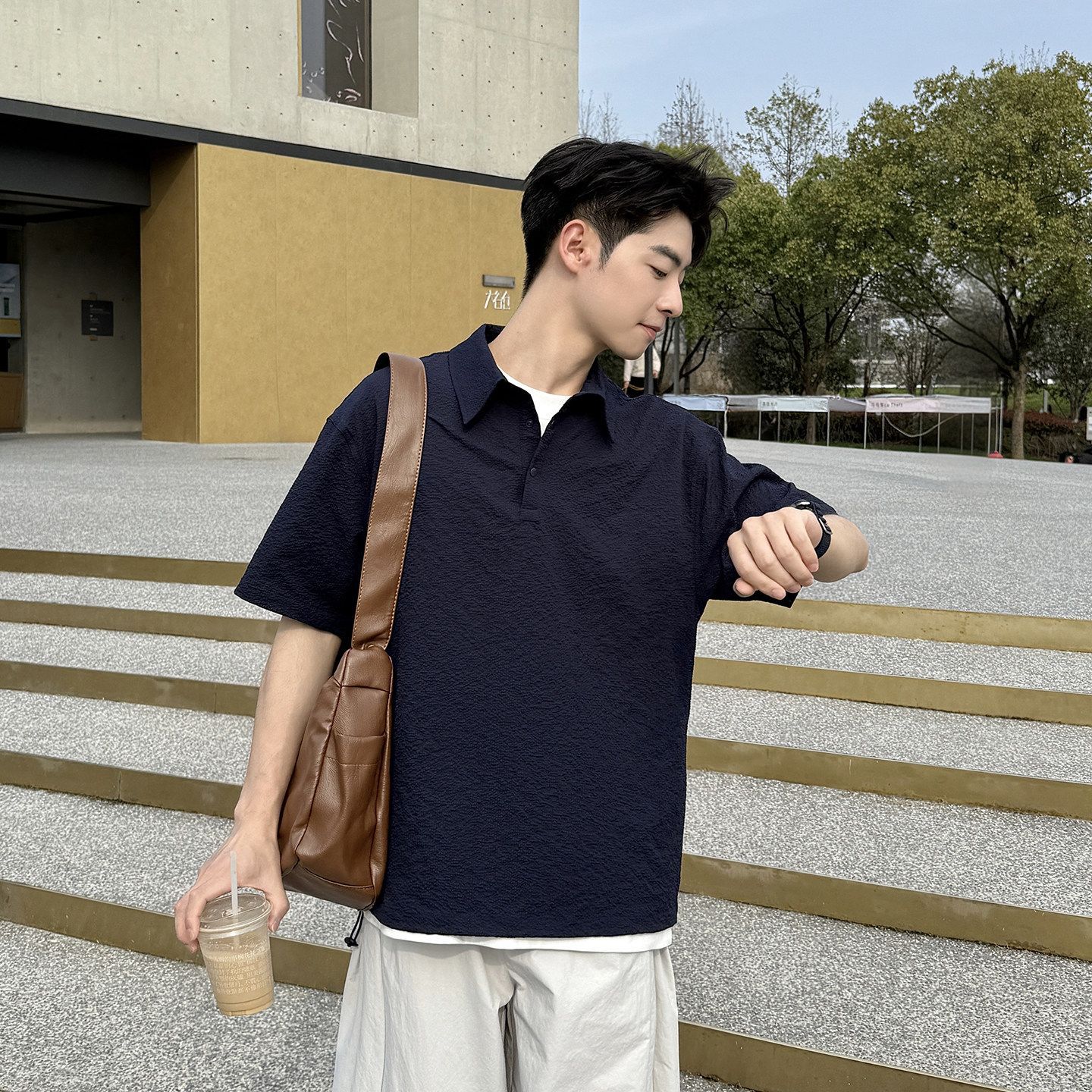 【單件/套裝】設計感翻領Polo衫寬鬆廓形短袖T恤休閒褲三件套