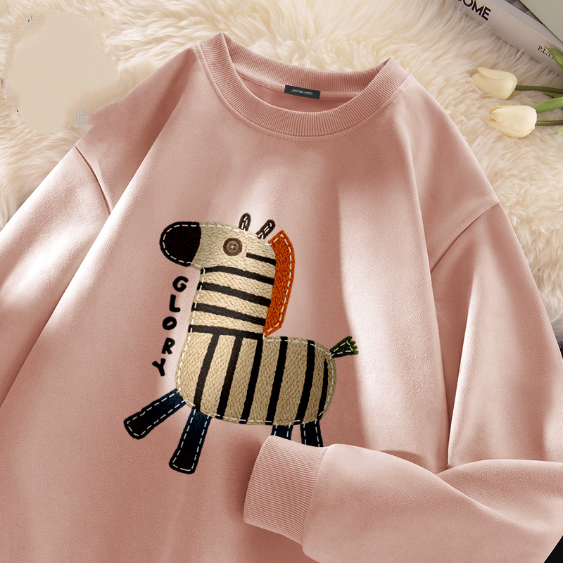 麂皮圓領寬鬆小馬百搭套頭長袖T恤