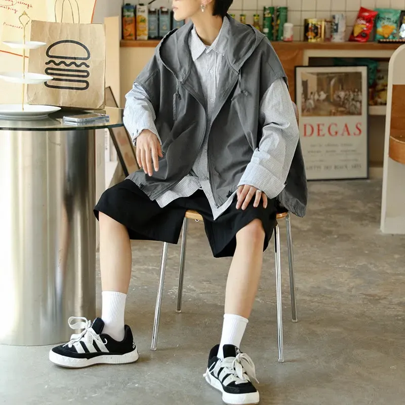 復古文藝休閒外搭寬鬆慵懶風連帽背心馬甲