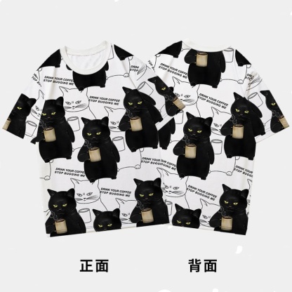 趣味創意不耐煩腹黑貓咪喝咖啡情侶短袖T恤