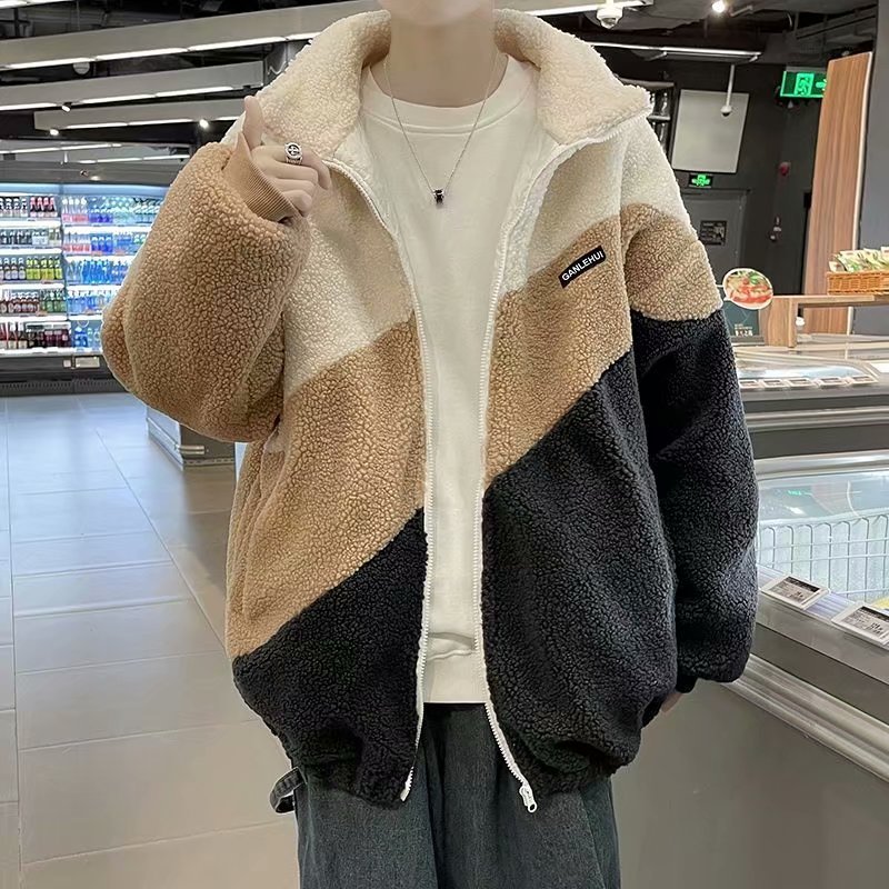 韓版寬鬆簡約立領夾克潮流拼色羊羔絨情侶外套