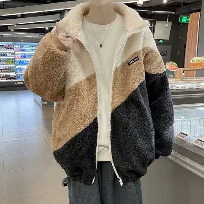 韓版寬鬆簡約立領夾克潮流拼色羊羔絨情侶外套