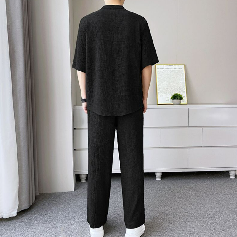 @【整套】新中式V領皺感寬松茶服短袖+薄款休閑長褲兩件套