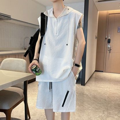 【整套】冰絲休閒運動連帽時尚無袖t恤短褲兩件套裝