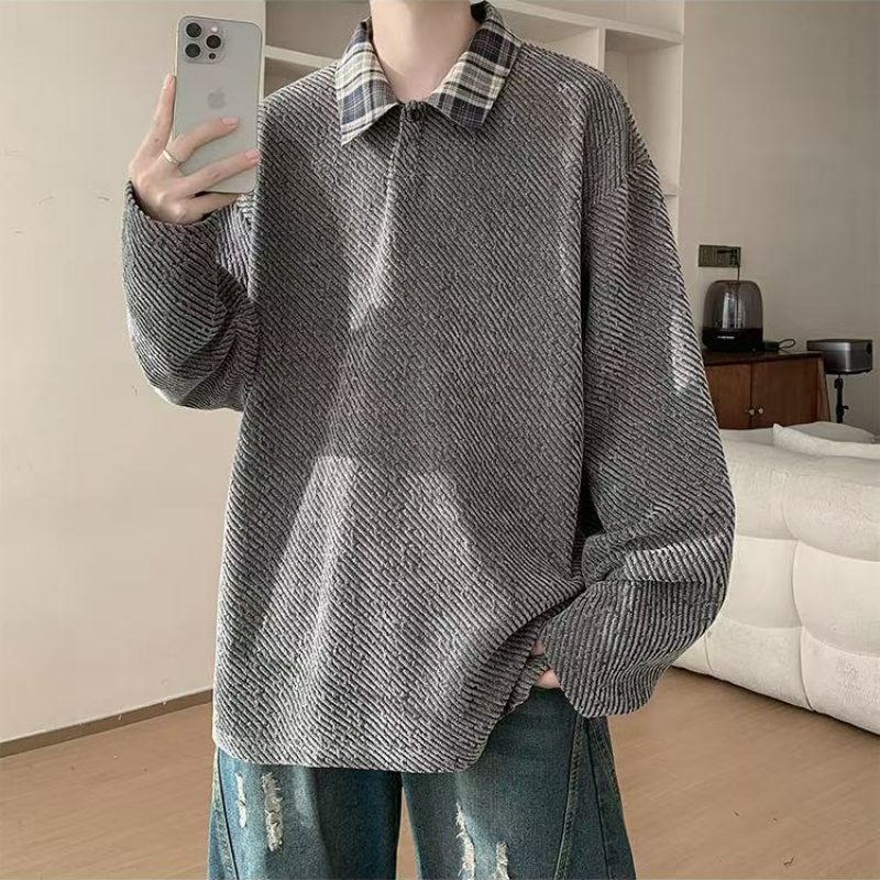 假兩件針織polo打底衫寬鬆大碼長袖t恤