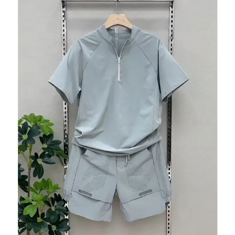 【整套】速乾潮流半拉鏈立領網眼短袖休閒褲兩件套裝