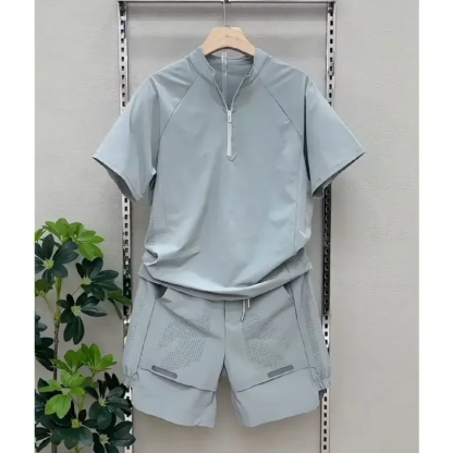 【整套】速乾潮流半拉鏈立領網眼短袖休閒褲兩件套裝