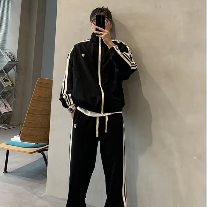 【整套】港式雙桿慵懶運動風情侶長袖外套+休閒寬鬆ins百搭長褲兩件套裝