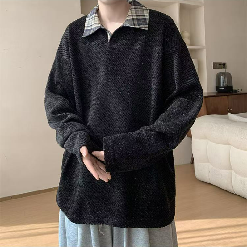 假兩件針織polo打底衫寬鬆大碼長袖t恤