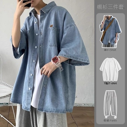 【單件/套裝】美式寬鬆慵懶短袖+牛仔襯衫+休閒褲三件套裝