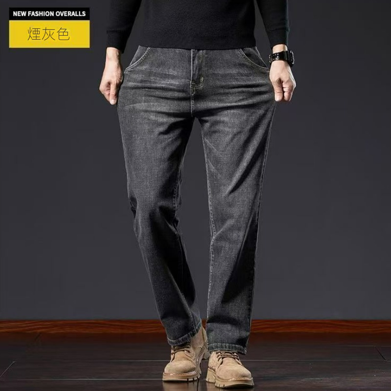 商務寬鬆直筒高彈休閒大碼長款水洗牛仔褲