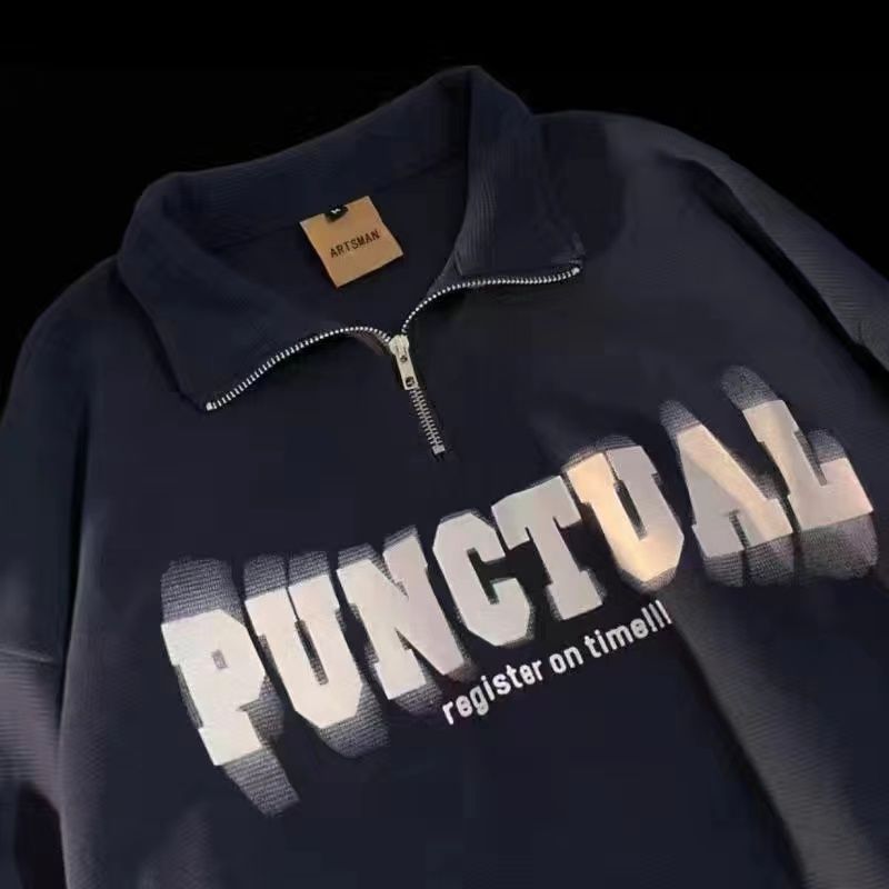 半拉鍊polo美式復古長袖翻領衛衣